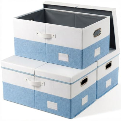 PRANDOM Storage Bins with Lids [3-Pack] Linen Fabric Foldable Storage Boxes Organizer Containers Baskets Cube with Cover for Bedroom Closet Office White&Blue (23.4X15.9X11.4)