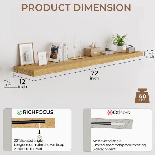 RICHFOCUS 72Inch Floating Shelves for Wall 2Pack|Oak|12" Deep - color: Oak, size: 72"L x 11.6"D, Set of 2