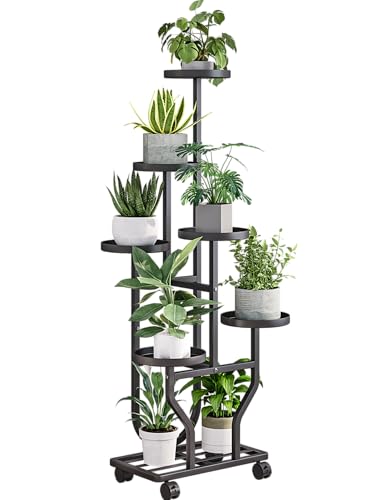 Plant Stand with Wheels, Black 6 Tier Metal Plant Shelf for Indoor Outdoor - color: Black, size: 6 Tier