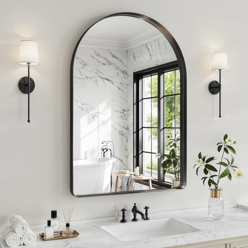 40"x30" Black Arched Mirror, Arched Wall Mirror with Metal Frame, Wall Mounted Large Arched Mirror for Living Room, Restroom, Entryway, Tempered Glass, Modern Home Decor - color: Black-rounded Corner, size: 40"L x 30"W