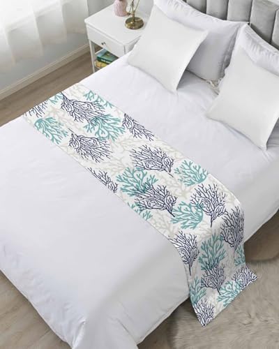 DecorLovee Teal Blue Grey Coral Coastal Bed Runners for Queen Size Bed, Summer Beach Decorative Bed Throws for Foot of Bed, Nautical Bed Runner Sofa Throw Bedding Scarf Protector Slipcover for Bedroom - color: Teal Blue Grey Coral, size: 83"x20" for Queen