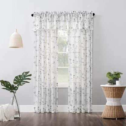 No. 918 Delia Embroidered Floral Sheer Rod Pocket Curtain Valance, 50" x 17", White - color: White, size: 50"W x 17"L (Pack of 1)
