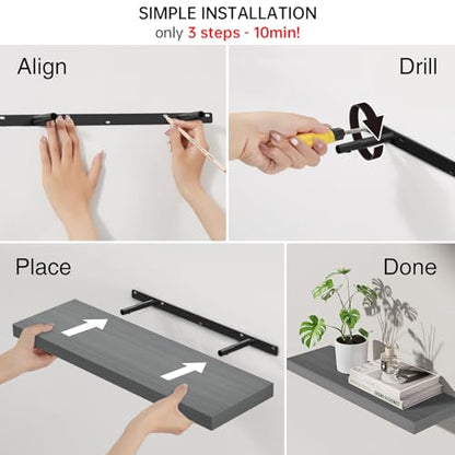 BAYKA Grey Floating Shelves 22.5in, Set of 3, Wall Mount Rustic Wood Shelf - color: F. Grey - Industrial Edge Style, size: 22.5inches