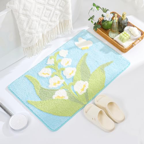 Modern Bathroom Rug Cute Flower Bath Mat Super Absorbent Non Slip Carpet Machine Washable Bath Tub Mat Soft Microfiber Bath Mat for Bedroom, Shower and Kitchen (31"x20", Green) - color: Green Flowers, size: 1'8" x 2'8" (Rectangular)