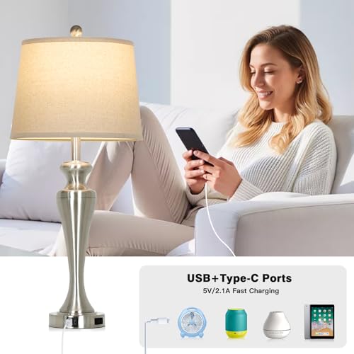 CINSARY Silver Table Lamps Set of 2, Touch Control Bedside Lamp with USB A+C Ports and AC Outlet, 3-Way Dimmable Bedroom Lamps for Nightstand, Tall Brushed Nickel Living Room Lamp for End Table - color: Silver (2 Pack)
