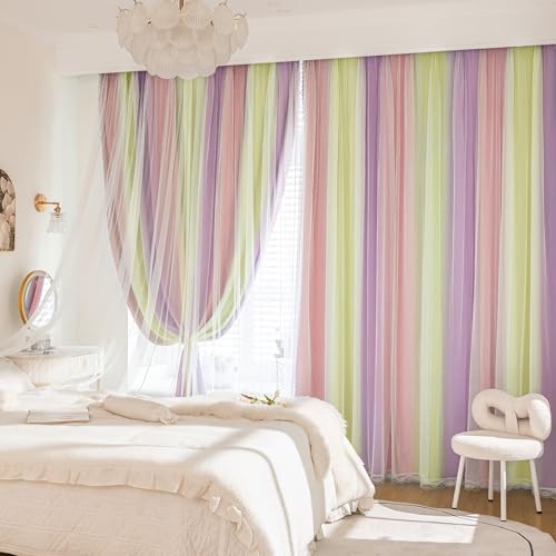Pink Yellow Purple Blackout Curtains with Sheer Overlay for Girls Bedroom - color: Blackout-pink Purple Yellow, size: 34"W x 63"L (Pack of 2)