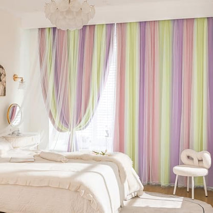 Pink Yellow Purple Blackout Curtains with Sheer Overlay for Girls Bedroom - color: Blackout-pink Purple Yellow, size: 34"W x 63"L (Pack of 2)