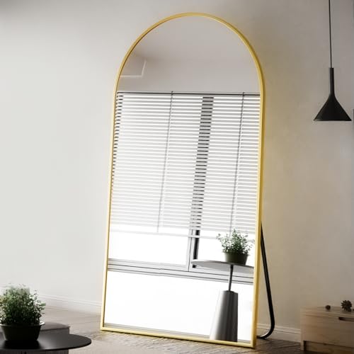 VooBang Oversized Full Length Mirror, 76" x 34" Arch Floor Mirror with Stand, Aluminum Alloy Frame Full Body Mirror for Bedroom Bathroom Living Room Decor, Gold - color: Gold, size: 76"L x 34"W