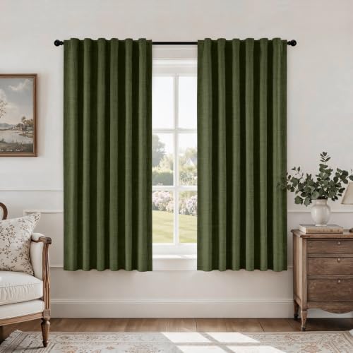 HOMEIDEAS 100% Blackout Olive Green Faux Linen Curtains 63''L 2 Panels - color: Olive Green, size: 52"W x 63"L (Pack of 2)