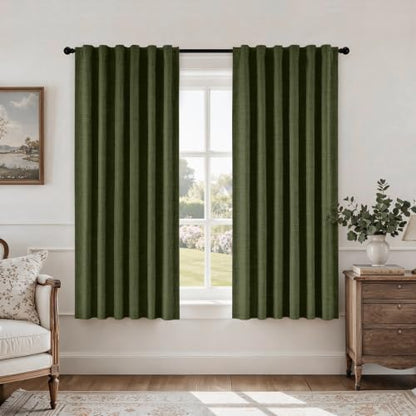 HOMEIDEAS 100% Blackout Olive Green Faux Linen Curtains 63''L 2 Panels - color: Olive Green, size: 52"W x 63"L (Pack of 2)