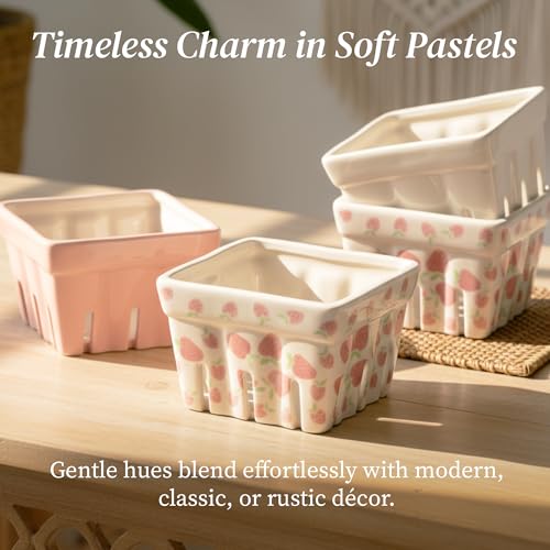 BIEN BEAU Pink Ceramic Berry Bowl with Colander,Set of 4 Strawberry Baskets - color: White,Pink