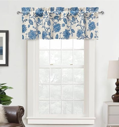 DriftAway Freda Jacobean Floral Linen Blend Blackout Thermal Insulated Energy Saving Privacy Window Linen Curtain Valance Rod Pocket 2 Layers Single 52 Inch by 14 Inch Plus 1.75 Inch Header Blue - color: Blue, size: 52"W x 14"L (Pack of 1)