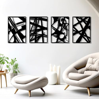 Zzbakress 4 Pieces Abstract Metal Wall Art, Minimalist Art Decoration, Paintings Wall Decor, 3D Structure Sculptures Decor for Living Room Bedroom Bathroom Office (Black style 1)