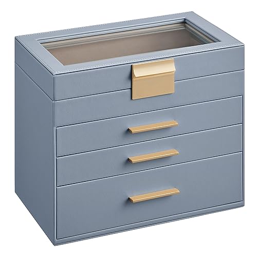SONGMICS Jewelry Box Organizer, 4-Layer Storage with 3 Drawers, Glass Lid - color: Smoky Blue + Gold, size: 4 Layer (6"d X 9.9"w)