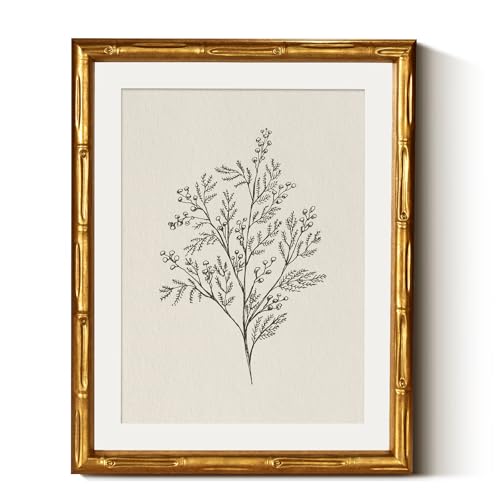WHASAYART Vintage Minimalist Plants Aesthetic Gold Bamboo Framed Wall Art | Modern Aesthetic Canvas Poster Print with Acrylic Cover, Farmhouse Botanical Illustration Artwork Decor Bedroom 11"x14" - color: Branch