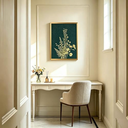 YBYBEST 12x16 Green and Gold Botanical Wall Art with Gold Frame, Shimmery Green Wall Art for Bathroom, Bedroom, Living Room and Entryway - color: Emerald Green & Gold1-12*16, size: 16"L x 12"W
