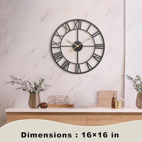 16 Inch Black Metal Roman Numerals Wall Clocks for Living Room - color: Black, size: 16 Inch