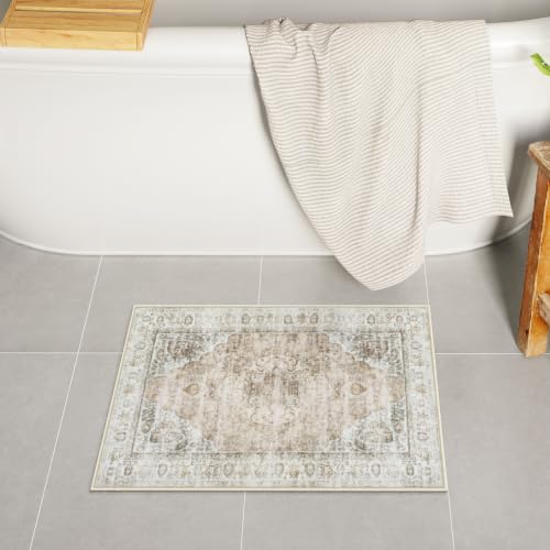 Uphome Boho Small Bath Mat, Distressed Farmhouse Light Khaki Bath Rugs, Comfy Velvet Bathroom Rugs Non Slip Washable, Vintage Oriental Toilet Rug for Sink Shower Vanity, 18x26 inch - color: Light Khaki, size: 18 x 26 inch (Rectangular)