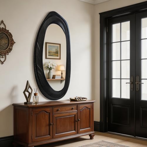 POZINO 63"x26" Irregular Full Length Mirror, Asymmetrical Oval Wall Mirror - size: 63"L x 26"W