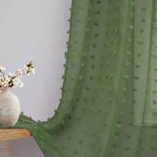 Olive Green Sheer Curtains 63 Inch Length for Bedroom Living Room Cute Pom Pom Patterned Modern Christmas Window Decor Country Rustic Farmhouse Boho See Through Sheer Curtain Back Tab 2 Panels 52x63 - color: Olive Green, size: 52"W x 63"L (Pack of 2)