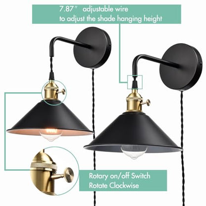 Hanging Height Adjustable Wall Sconce, Black 2-Pack - color: Plug in Black*2Pcs