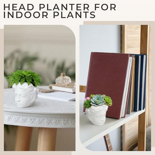 Small Head Planter - Ceramic Face Planter Pots for Indoor Plants, Cute Funny Succulent Pot with Drainage Hole, Unique Gift, 3.9" - color: White