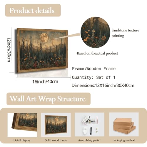 Vintage Nature Forest Wall Art Dark Moon Landscape Painting Wall Decor Woodland Picture Artwork 3D Textured Hand Drawn Sandstone for Farmhouse Bedroom Living Room 12x16 inch Wood Framed - color: Dark, size: 16"L x 12"W