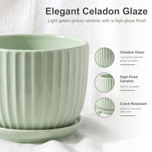 Flower Pots,Ceramic Plant Pots with Drainage Holes Set of 3（Light Green） - color: Light Green