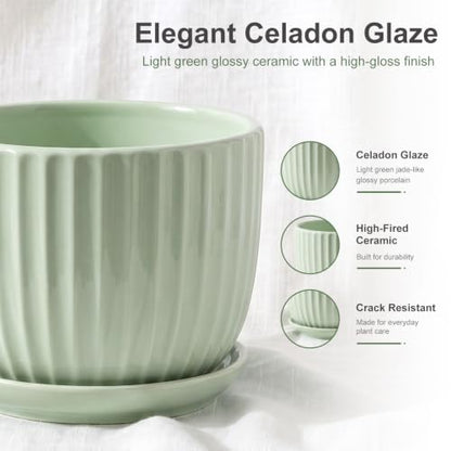 Flower Pots,Ceramic Plant Pots with Drainage Holes Set of 3（Light Green） - color: Light Green