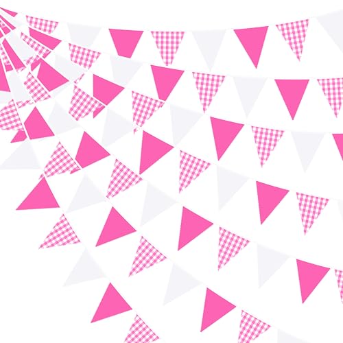 32Ft Hot Pink Party Decorations Pink Buffalo Plaid Checkered White Triangle Flag Gingham Pennant Fabric Garland Streamers for Wedding Birthday Baby Shower Anniversary Party Picnic Garden Decor - color: Hot Pink Checkered