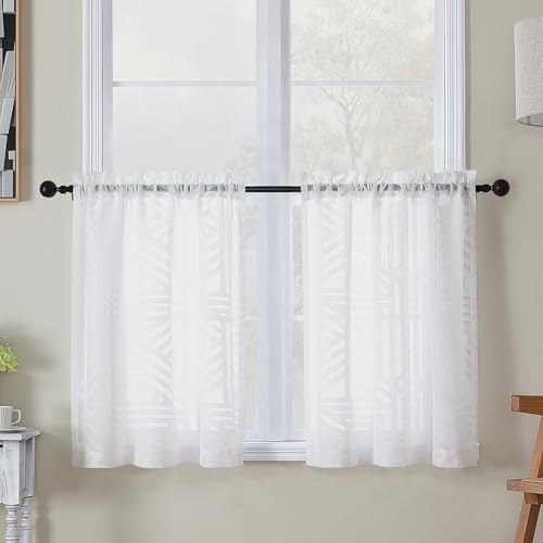 Simplebrand Semi Sheer White Curtains 30 Inch Length 2 Panels, Geometric Jacquard Clip Textured Short Sheer Curtains for Bedroom?Modern Elegant Window Curtains Panels/Drapes/Treatment, 28x30 inch - color: White, size: 30"W x 30"L (Pack of 2)