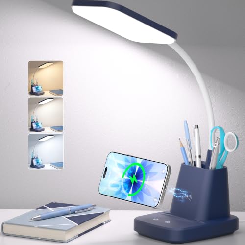 LED Desk Lamp with 10W Wireless Charging & Pen Holder, Navy Blue - color: Navy Blue