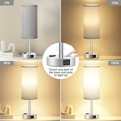 Fenmzee Grey Bedside Lamp for Bedroom, Dimmable Touch, USB A+C, AC Outlet - color: Grey - Silver, size: 14"