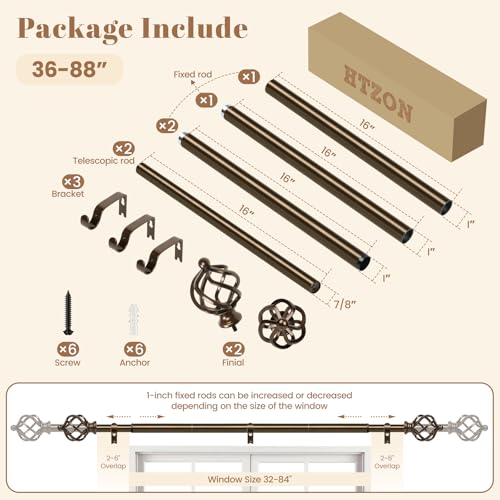 1" Farmhouse Heavy Duty Curtain Rods for Windows,Adjust 36-88",Bronze - color: Antique Bronze, size: 36-88 Inch & 1 Pack