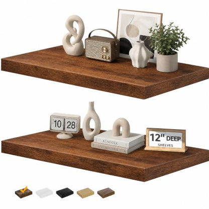RICHER HOUSE 12" Deep Floating Shelves, 24 Inch Long Rustic Wood Wall Shelf - color: Brown, size: 24in