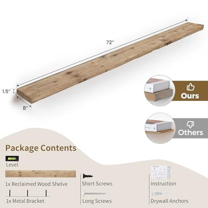 72 inch Floating Shelves for Wall, 8" Deep Rustic Reclaimed Barnwood Shelves, Floating Shelf Wall Hanging Shelves with Invisible Heavy-Duty Metal Bracket | Wall Mounted | Farmhouse Style, 1PC,Natural - color: Distressed Natural, size: 72inches-1P
