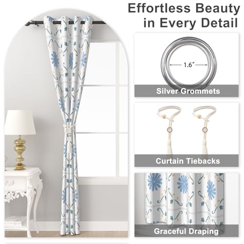 Blue Blackout Curtains 84 Inch Long 2 Panels Set, Gingham Floral Pattern Window Thermal Blackout Curtains for Bedroom and Living Room, Soundproof Privacy Thermal Insulated Curtains with Rope Tiebacks - color: Plaid Daisy Print