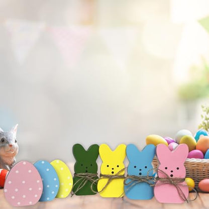 Easter Decorations 7PCS Wood Bunny Eggs Spring Decor Signs for Home, Wooden Rabbit Freestanding Cute Table Centerpieces Tiered Tray Decoration for Office Tabletop Mantel Shelf Party Supplies