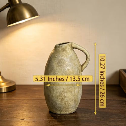 Rustic Ceramic Vase with Handle, 10.3 Inch, Farmhouse Decor, Beige - color: Beige