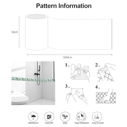 White Peony Wallpaper Border Peel and Stick Mint Green Visual Depth Trim - color: Mint Green/White, size: 3.9" x 393.7"