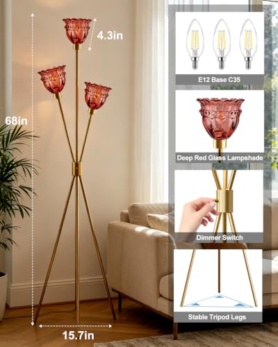 Lightdot Red Glass Tripod Floor Lamp Dimmable Gold Floor Flower Lamps - color: Red-Gold-79F