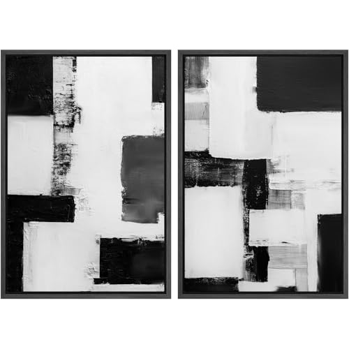 SIGNWIN Framed Canvas Print Wall Art Set Abstract Black White Minimalist Geometric Blocks Illustrations Graffiti & Street Art Modern Art for Living Room, Bedroom, Office - 16"x24"x2 Black - color: A16-2604-irs09, size: 16"x24"x2 Panels Black