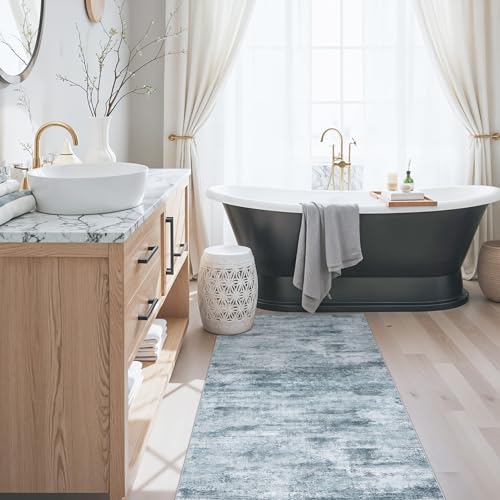 2x5 Non-Slip Washable Runner Rug – Modern Neutral Abstract Small Rug for Hallway, Kitchen, Bathroom, Bedroom, Entryway, Laundry Room – Thin Soft Low-Pile Rubber Backing (Blue Grey) - color: Misty Blue/Gray, size: 2' x 5' (Rectangular)