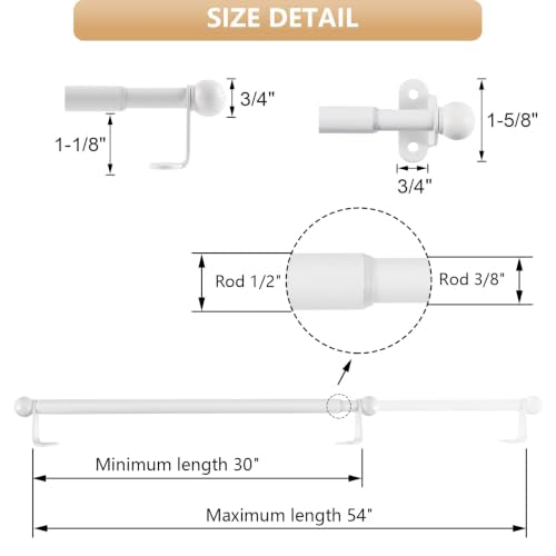 Cafe Curtain Rod 30-54 Inch, 1/2" Diameter, Door Curtain Rod, White - color: White, size: 30-54 Inch
