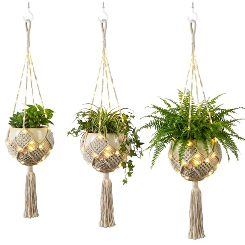 3 Sets Macrame Plant Hanger Kit Crochet Plant Hangers with Lights and Hooks