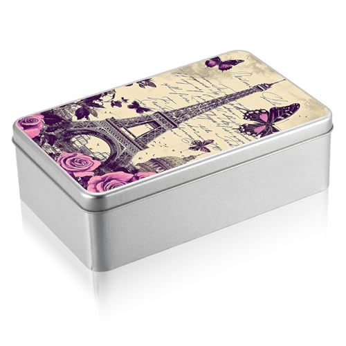 Metal Tin Box with Lid, Rectangular Silver Metal Storage Container, 7.09"×4.33"×2.17" Gift Decorative Empty Box, Eiffel Butterfly - color: Eiffel Butterfly, size: Large(7.09"×4.33"×2.17")