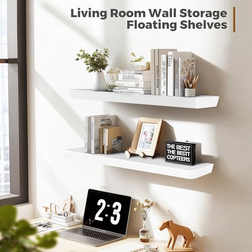 36x6.8x1.6in Slanted Solid Wood Floating Wall Shelves 2-Pack White - color: White, size: 36"-Set of 2