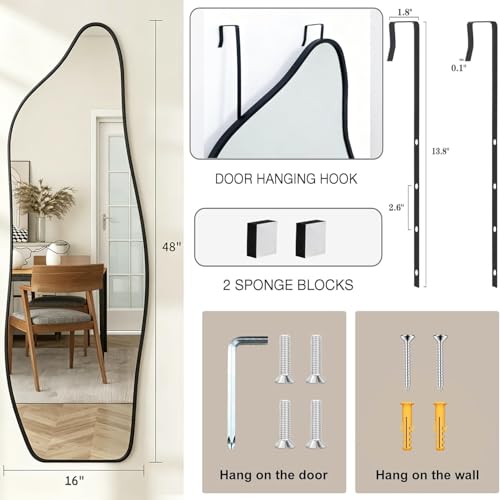 48"x16" Full Length Door Mirror, Dolphin Hanging Mirror, Black - color: Black, size: 48"L x 16"W