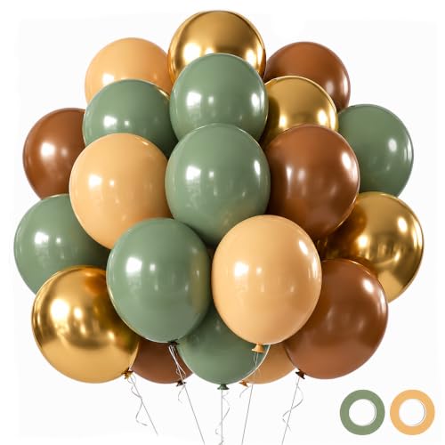 Brown Green woodland Party Balloons, 60 Pcs 12 Inch Sage Green Brown Gold Party Balloons Jungle Safari Balloons For Birthday Engagement Wedding Anniversary Jungle Party Decorations - color: Green Brown