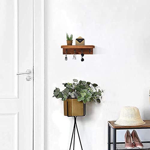Key Holder Wall Mount, Farmhouse Wall Shelf with 4 Hooks for Entryway - color: Brown - Pine